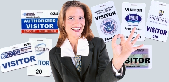 center graphic businesswoman with visitor badges and visitor passes